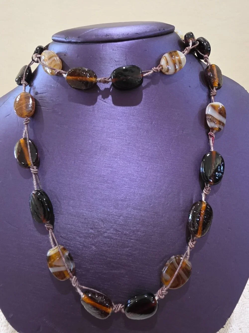 Artisan BOHO Earth Colors Rootbeer Brown Stripe Amber Art Glass Long Necklace